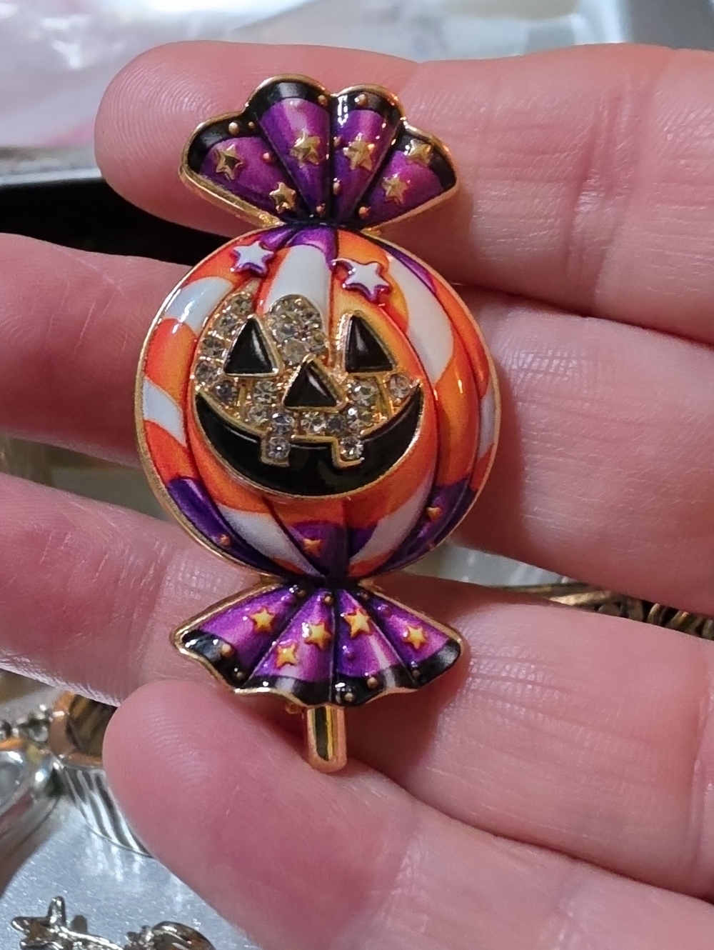 A29- Fun Halloween Pumpkin Candy Brooch - Purple, Orange & White